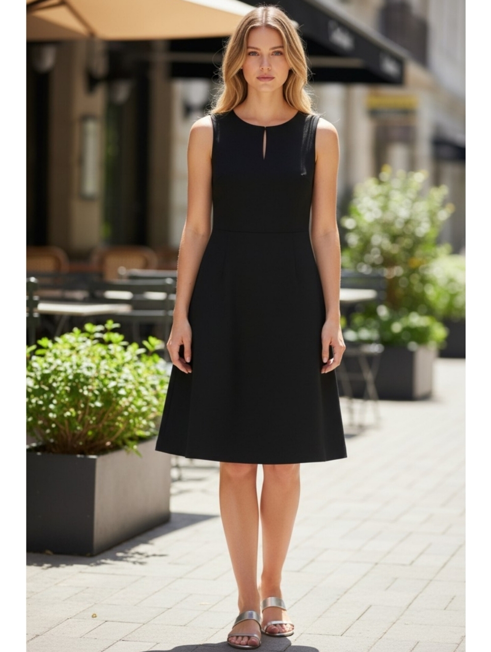 Calvin Klein size 10 fit flare dress black sleeveless key hole staple piece